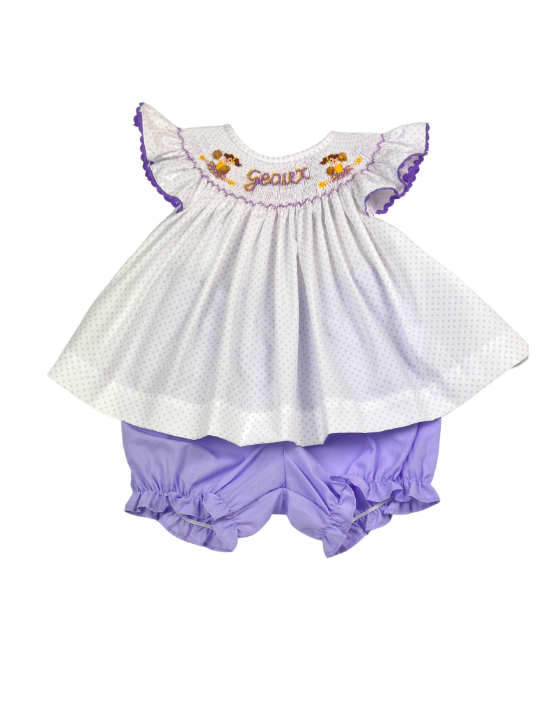 Lavender Bitty Dot Bishop Smock Cheer Bloomer Set