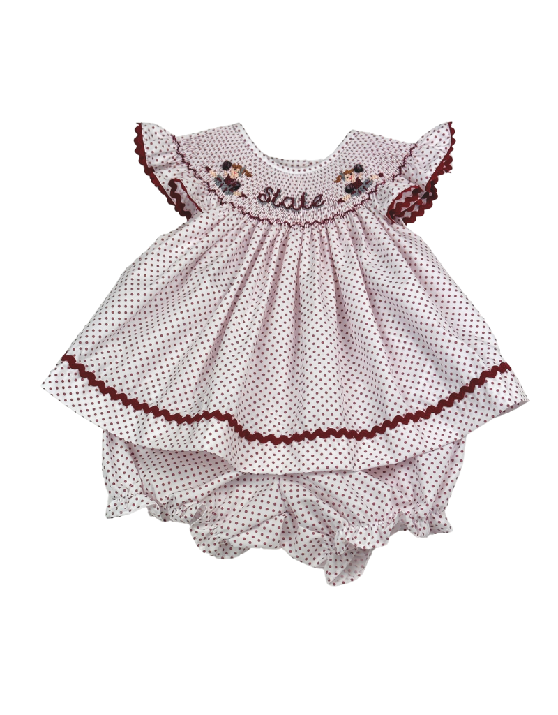 Maroon Bitty Dot Bishop Smock Cheer Bloomer Set