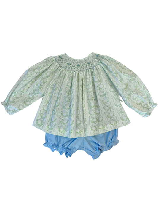 Green Floral Bishop Smock Bloomer Set