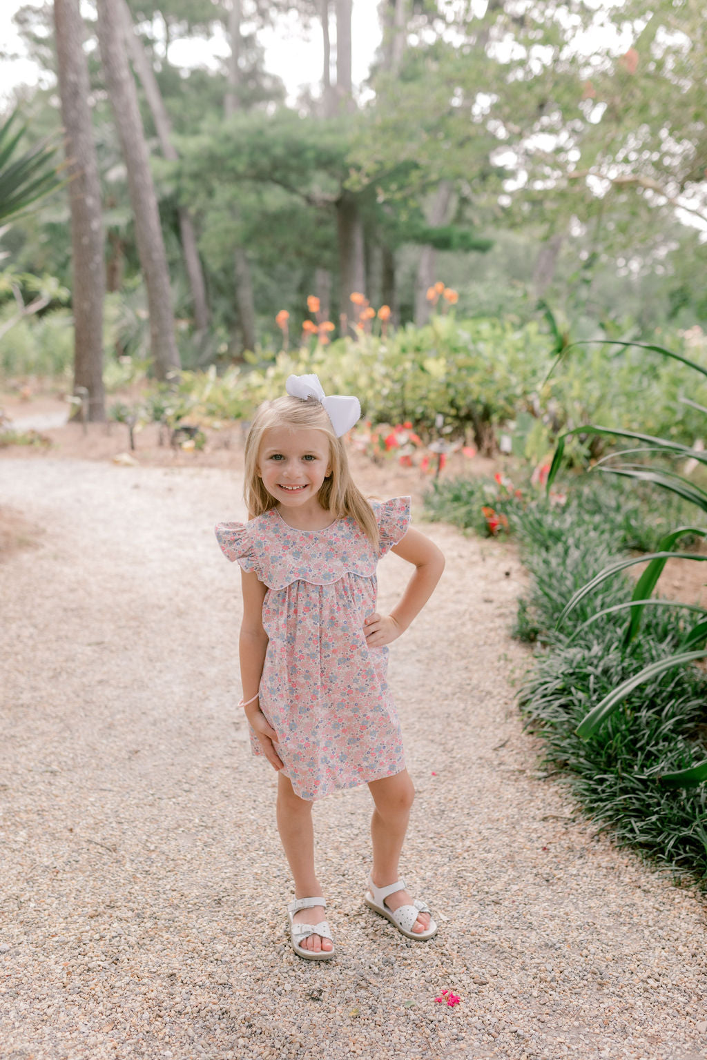 Pink Floral Dress with Gingham Bow