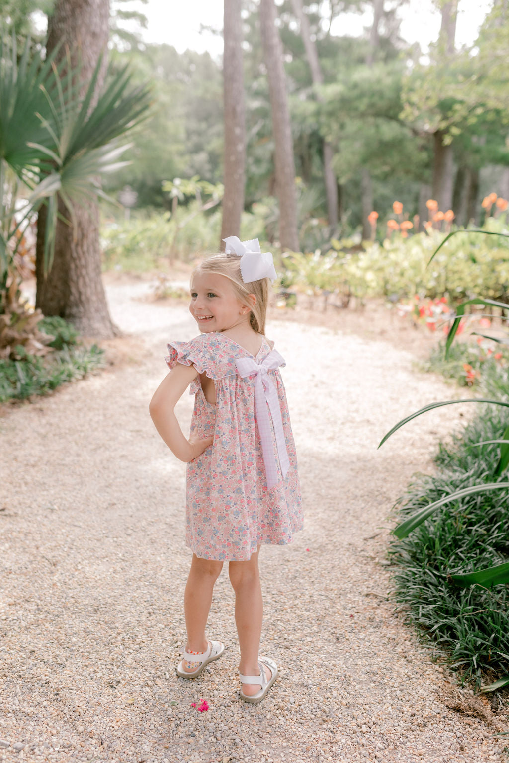 Pink Floral Dress with Gingham Bow