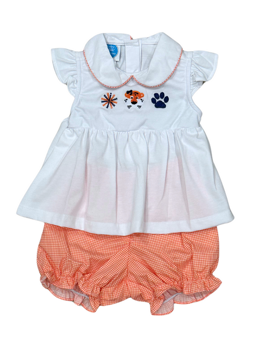 Orange Navy Tigers French Knot Girls Bloomer Short Set