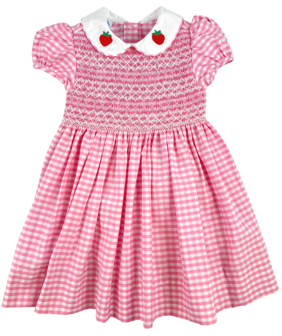 Smocked Gingham Dress with Strawberry Collar